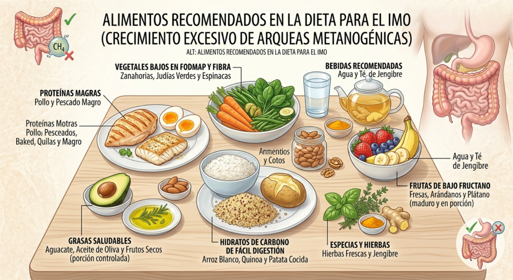Alimentos recomendados durante una dieta para el IMO como arroz, pollo, pescado, calabacín, zanahoria, kiwi y aceite de oliva.