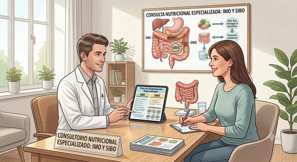 Dietista-nutricionista especializado atendiendo a una paciente con SIBO o IMO durante una consulta nutricional personalizada.