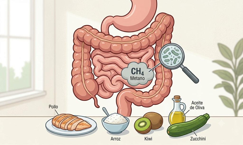 Dieta para el IMO con alimentos recomendados para reducir la hinchazón, los gases y el estreñimiento asociados al sobrecrecimiento de microorganismos productores de metano.