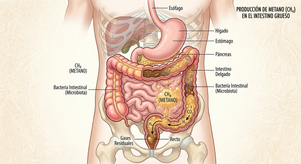 Ilustración del intestino mostrando la producción de gas metano por arqueas metanogénicas en personas con IMO.