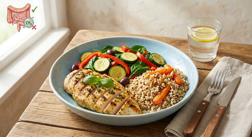 Plato saludable apto para personas con IMO elaborado con proteína magra, arroz y verduras bajas en FODMAP.